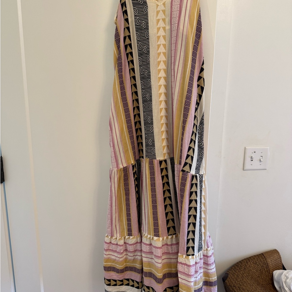 Elan Cream and Brown Bishop Sleeve Maxi Dress